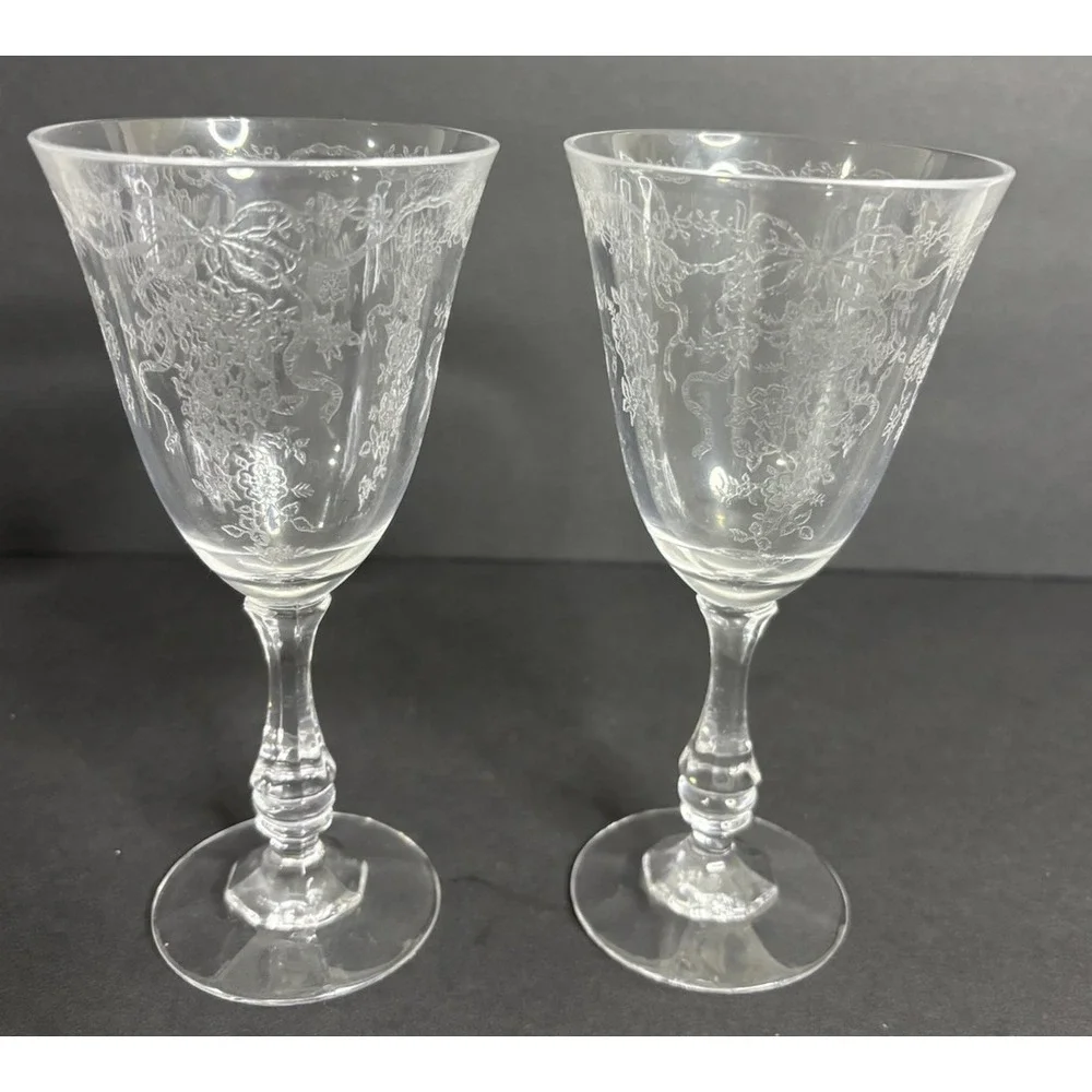 2 Fostoria Satin Ribbon Wine Glasses 6 1/2